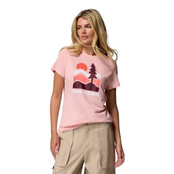 Koszulka szybkoschnąca damska Columbia Ruby Springs™ Graphic Fitted SS - Pink Sand, Get Hiked