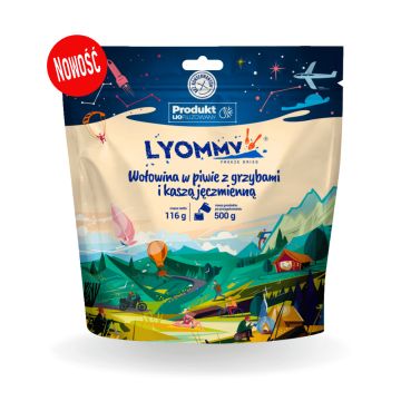 Lyommy danie 500 g - Wołowina w piwie z grzybami i kaszą jęczmienną